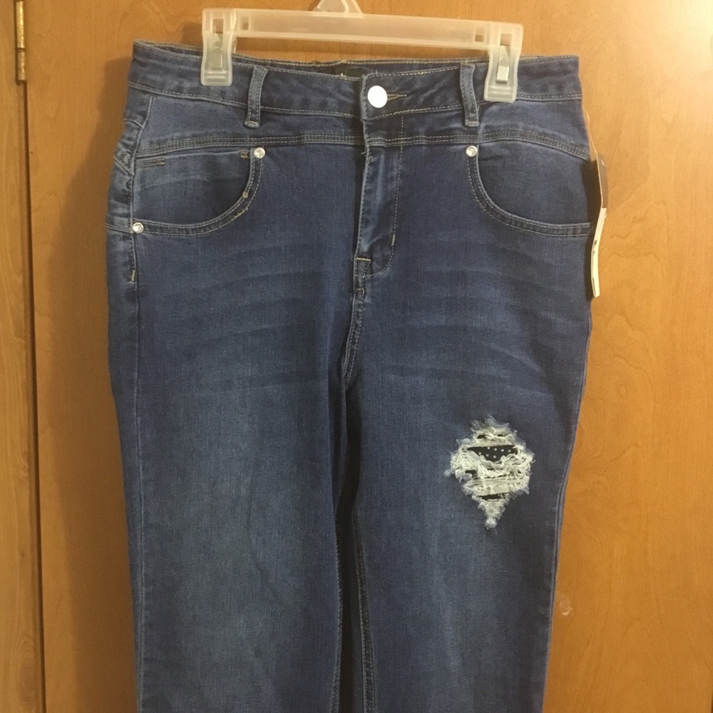 Bebe Destroyed Distressed Rhinestone Dark Wash Blue Skinny Jeans 30 - Picture 8 of 11